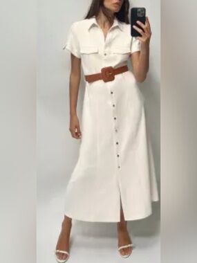 Zara White Button-Front Shirt Dress with Short Sleeves NWT (no belt?